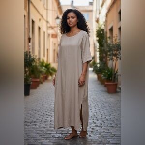 Emery Rose 100% light cotton taupe dress w pockets, loose fitting, airy